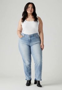 Světle modré džíny s vysokým pasem a rovný fit, vyrobené z denimu, s_zipperem na přední straně, designem pěti kapes a hladkým povrchem.