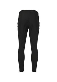 Zwarte sportleggingen met een gladde textuur, aansluitend ontwerp en een elastische tailleband. Heeft stiksels aan de zijkanten.