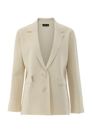 Beige Blazer mit langen Ärmeln, Reverskragen, zwei Fronttaschen und Zwei-Knopf-Verschluss. Glatte Textur, taillierte Passform und klassischer Schnitt.