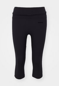 Leggings capri neri realizzati in tessuto elasticizzato con una fascia larga in vita. Presentano la scritta "STRONGER" stampata sul davanti. Texture liscia.