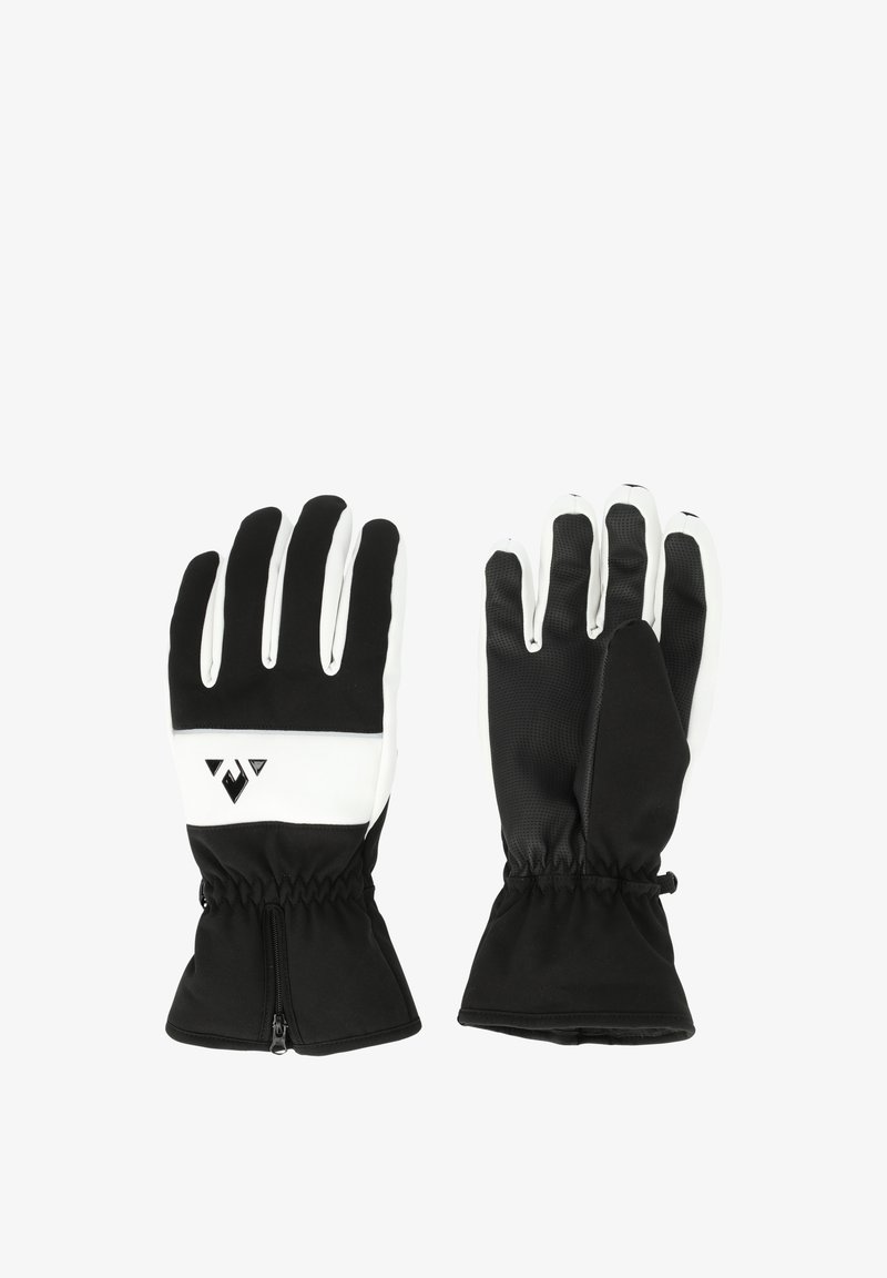 Svart och vita handskar med texturerat grepp. Har ett dragkedjestängning vid manschetten och en logotyp fram. Tillverkade av flexibelt material.