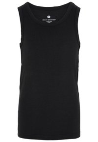 Sort tanktop lavet af bomuld, med rund halsudskæring og brede stropper. Glat tekstur med et enkelt design, uden mønstre eller akcenter.