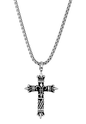 Silver chain necklace featuring a detailed black cross pendant with ornate accents and geometric patterns.