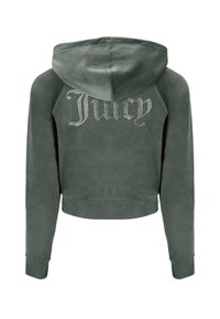Zelená skrátená mikina s príjemným povrchom, na chrbte so zdobeným logom "Juicy" osadeným kryštálmi. Kapucňa s detailom šnúrky.