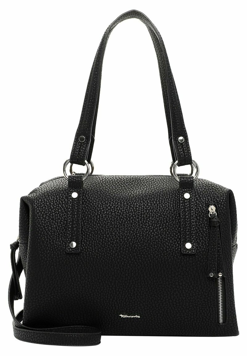 Sac à main en cuir noir texturé avec doubles poignées supérieures, bandoulière amovible, poche zippée argentée et détails de quincaillerie argentés.