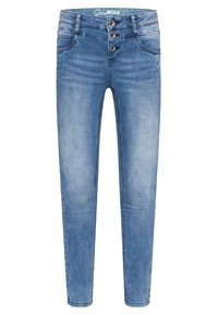 Jeans ajustados de mezclilla de color azul claro con cierre de tres botones, diseño de cinco bolsillos y un ligero desvanecimiento para aportar textura.