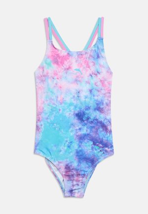 Mädchen-Einteiler-Badeanzug mit einem Batik-Muster in Rosa, Blau und Lila sowie dünnen doppelten Schulterträgern.
