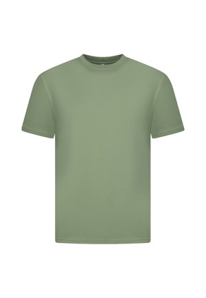 Effen olijfgroene T-shirt met korte mouwen en ronde hals, normale pasvorm, op een witte achtergrond.