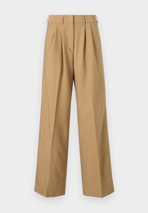 Beige puuvillaiset housut, joissa on korkea vyötärö, laskostettu etuosa, leveät lahkeet ja sileä pinta. Varustettu tavallisella vyötärönauhalla ja vyölenkeillä.