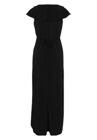 Robe maxi noire avec des manches courtes à volants, taille à cordon ajustable et coupe droite ; tissu lisse avec un design long jusqu'au sol.