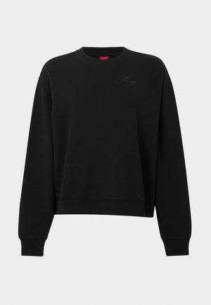 Čierna mikina s dlhým rukávom a okrúhlym výstrihom, s rebrovanými manžetami a lemom, na hrudi je jemne vyrazené logo "Hugo".