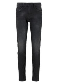 Svarta slim-fit jeans med framfickor, bälteslopp, knäppning med knapp och subtila noppor på låren och knäna.