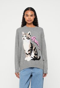 Pull en tricot gris avec un motif de chat en beige et noir, arborant un texte rose qui dit "Fruity." Col rond et poignets côtelés.