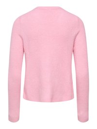 Pull rose pâle à manches longues vu de dos, avec un col rond simple et des poignets et ourlet côtelés.