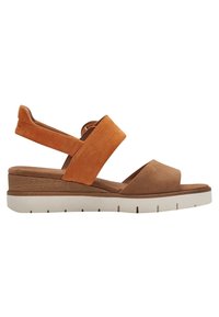 Sandali marroni con cinturini in suede arancio, design aperto davanti e tacco a cuneo. Presentano una suola intermedia marrone texturizzata e una suola esterna in gomma bianca.