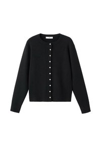 Cardigan nero realizzato in tessuto morbido, con collo tondo, maniche lunghe e bottoni bianchi sul davanti. Design semplice e classico.