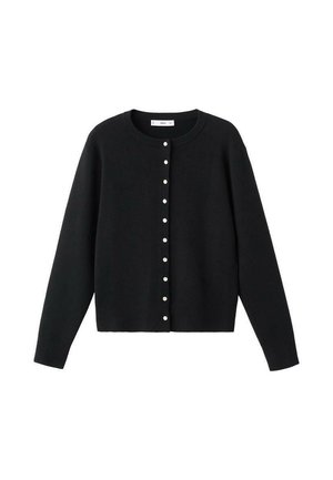 Cardigan nero realizzato in tessuto morbido, con collo tondo, maniche lunghe e bottoni bianchi sul davanti. Design semplice e classico.
