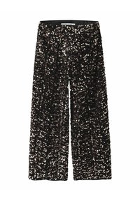 Crne sequin hlače širokih nogavica, s glatkim pojasom. Površina je prekrivena sjajnim sequinima koji variraju u refleksiji svjetlosti.