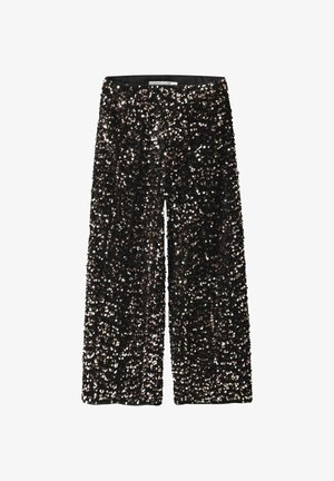 Schwarze Paillettenhose mit weitem Bein und einem glatten Bund. Die Oberfläche ist mit glänzenden Pailletten bedeckt, die das Licht variabel reflektieren.