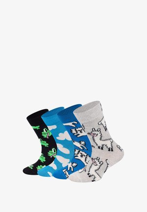 Four pairs of colorful socks arranged side by side, featuring designs of frogs, clouds, and llamas on black, blue, and gray backgrounds.