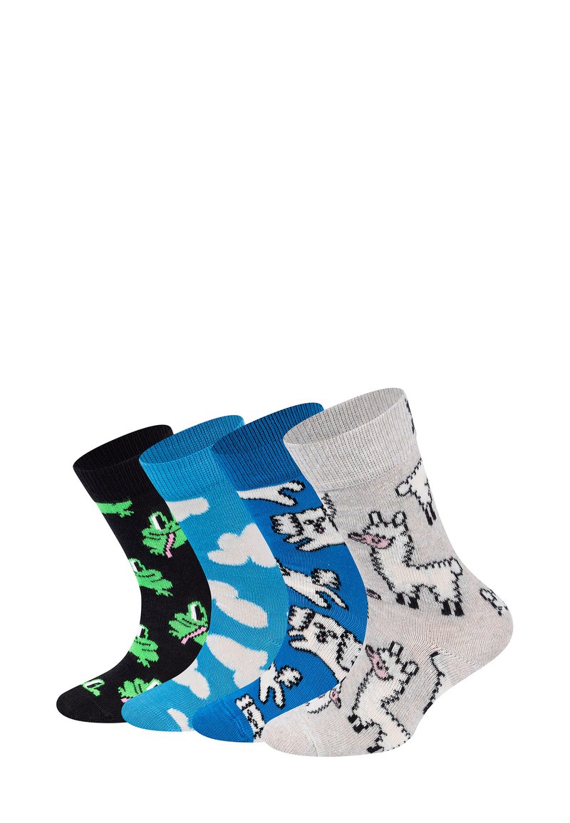 Fire par af farverige sokker arrangeret side om side, med designs af frøer, skyer og lamaer på sorte, blå og grå baggrunde.