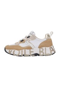 White and beige sneakers featuring a chunky sole, suede and leather materials, black laces, and large "VOILE BLANCHE" text on the sole.
