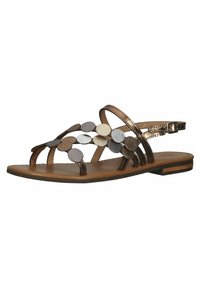 Sandali piatti in bronzo con un design a strap. Presentano accenti decorativi circolari in diverse tonalità metalliche. Sottopiede testurizzato e punta a mandorla.