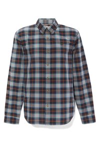 Napapaita plaid-paita, jossa on sinisen, vihreän ja laivastonsinisen värimaailma oransseilla yksityiskohdilla. Pitkät hihat, kudottu rakenne, pyöristetty helma.