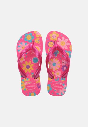 Ροζ σαγιονάρες με φωτεινά πολύχρωμα σχέδια από χαμογελαστά λουλούδια και πεταλούδες και υφασμένους ιμάντες, μέγεθος παιδικό 29-30.