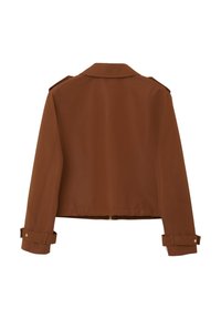 Giacca marrone con una vestibilità corta, maniche lunghe, spalline e polsini con bottone. Tessuto liscio con chiusura posteriore a zip.