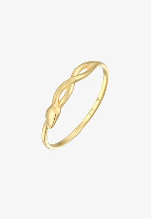 Gouden ring ontworpen als een slang, met een gladde textuur en een onderling gewonden vorm met een puntige uiteinde, die een minimalistische stijl benadrukt.