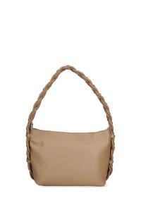 Borsa a tracolla in pelle beige con manico intrecciato, texture morbida, chiusura con zip e silhouette semplice. Adatta per l'uso quotidiano.