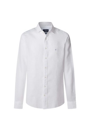 White long-sleeved shirt made of cotton-linen blend, featuring a classic collar, button-down front, and small embroidered logo on the chest.