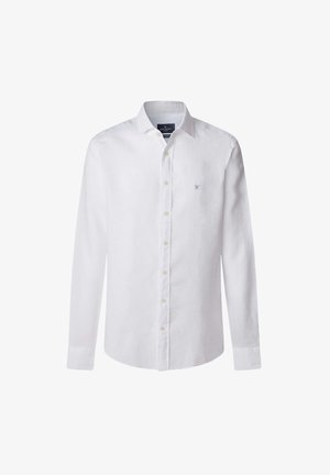 Witte langärmelige shirt van een katoen-linnenmix, met een klassieke kraag, knoopsluiting aan de voorkant en een klein geborduurd logo op de borst.