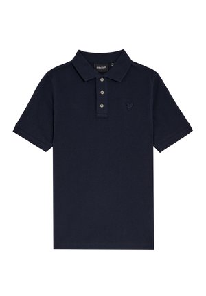 Marineblaues Poloshirt mit kurzen Ärmeln, drei Knöpfen, umgeklapptem Kragen und kleinem gesticktem Logo auf der linken Brust.