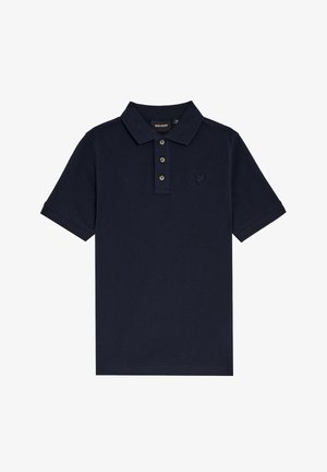 Marineblå kortærmet polo med tre knapper, slået krave og lille broderet logo på venstre bryst.