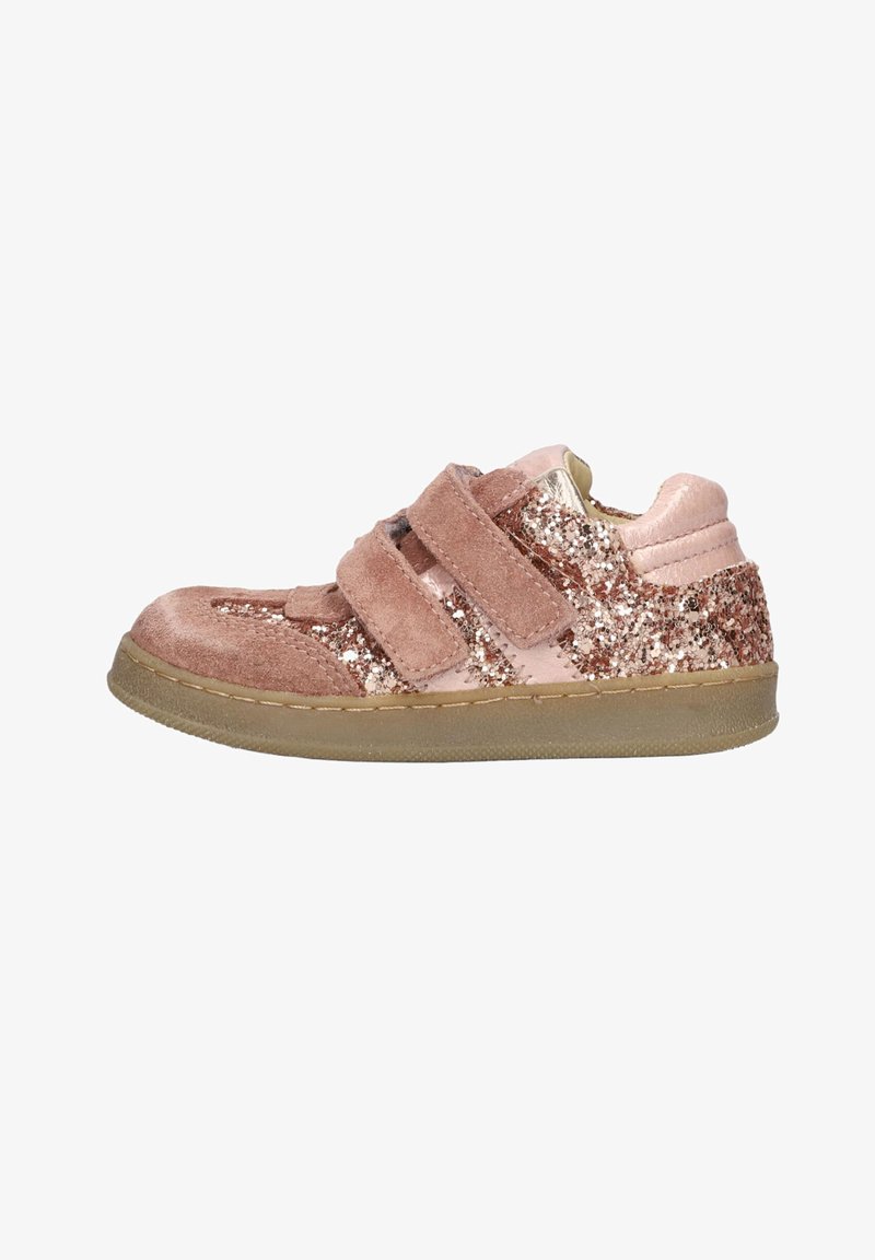 Pink toddler sneaker with glitter accents, two velcro straps, and a rubber sole.