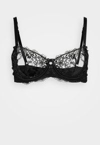 Melnas mežģīņu krūšturis ar izšūtām ziedu rakstām, puscaurspīdīgām kausām, regulējamām siksnām un dekoratīvu pogu centrā.