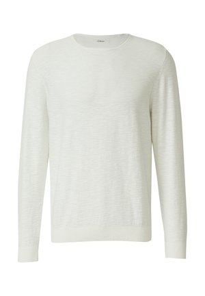 Světlý krémový svetr s dlouhým rukávem; měkká, strukturovaná tkanina; kulatý výstřih; žebrované manžety a lem; minimalistický design bez viditelných vzorů.