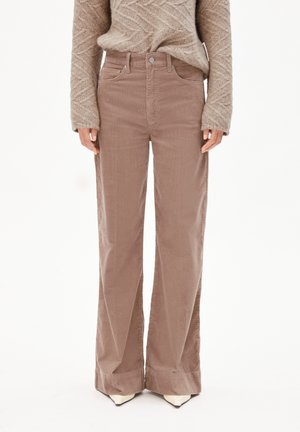 Brown corduroy wide-leg pants with a high waist, featuring front pockets and a hem that flares slightly at the bottom.