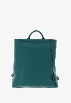 Sac à dos en cuir bleu sarcelle, de forme rectangulaire avec une texture lisse. Doté d'une poignée supérieure et de bretelles arrière réglables, design minimaliste.