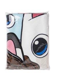 Coperta a tema cartone animato in una pellicola di plastica trasparente; presenta grandi occhi, una lingua rosa e una combinazione di colori blu, bianco e marrone. Texture morbida.