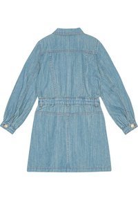 Vaate denim, vaaleansininen, jossa on pitkät hihat, istuva vyötärö ja nappikiristys edessä. Suojaava pinta, jossa on näkyviä ompelusaumoja.