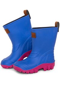 Blaue Gummiregenstiefel mit pinken Sohlen, ausgestattet mit einer strukturierten Oberfläche, seitlichen Rillen und braunen Akzenten am oberen Rand für ein einfaches Anziehen.
