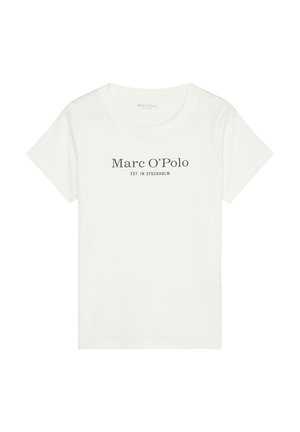 White cotton t-shirt with a crew neck and short sleeves, featuring black text "Marc O’Polo EST. IN STOCKHOLM" on the front.