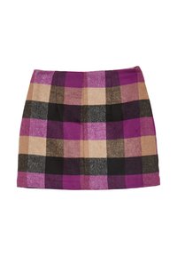 Gonna in misto lana con motivo a quadri nei colori viola, nero e beige; taglio dritto senza chiusure visibili o decorazioni.