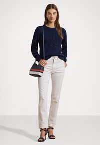 STRIPED LEATHER MEDIUM DANNI BAG - Geantă de mână - refined navy/orange lily/white