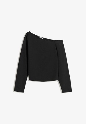 Fekete, váll nélküli, hosszú ujjú blúz, puha anyagból készült. Rövidített fazonú, széles nyakkivágással és testhez simuló ujjakkal rendelkezik.