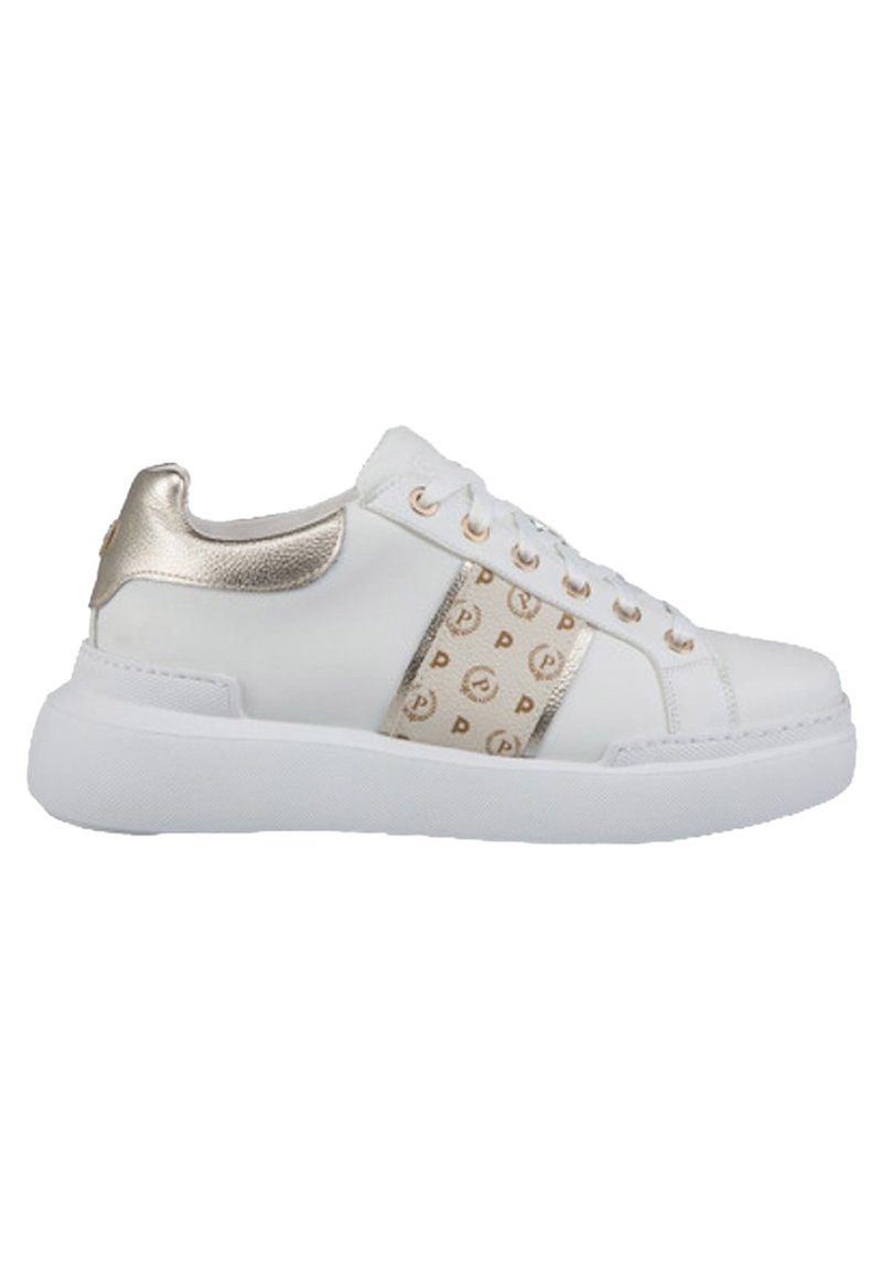 Sneaker bianco con un accento metallico dorato testurizzato sul tallone, una striscia dorata lavorata e una suola in gomma per una migliore trazione.
