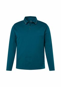 Długo r ękawowa koszulka polo z kołnierzykiem w kolorze teal z kontrastowym paskowanym kołnierzykiem, z trzema guzikami z przodu i małym logo nadrukowanym na piersi.